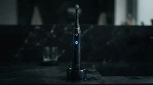 An LED warning light glowing on a sonic toothbrush with pressure sensor for heavy brushers during aggressive brushing.