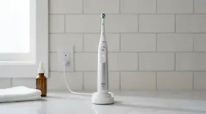 A sleek charging dock holding a sonic toothbrush with pressure sensor for heavy brushers in a master bathroom.