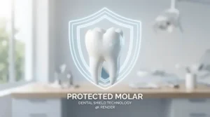A dental health graphic demonstrating enamel wear prevention using a sonic toothbrush with pressure sensor for heavy brushers.
