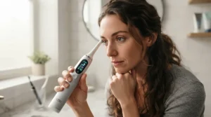 A user examining the feedback display on a sonic toothbrush with pressure sensor for heavy brushers.