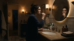 A woman using her sonic toothbrush with pressure sensor for heavy brushers before going to bed.