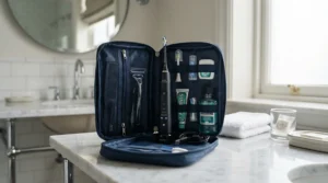 A travel kit featuring a sonic toothbrush with pressure sensor for heavy brushers packed on a counter.